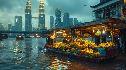 Naklejka premium Thai Vendors Floating Stall on Chao Phraya River at Sunset A Tropical Fruit Trade Amidst Bangkoks Modern Skyline