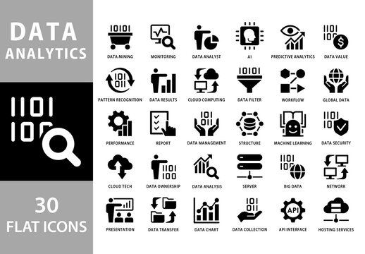 Data Analytics Black and White Flat Icons Set