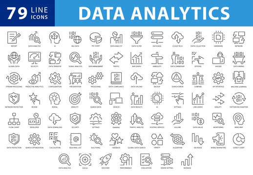 Data Analytics Black and White Outline Style Icons Set