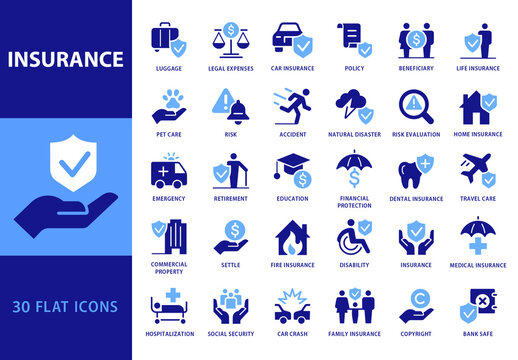 Insurance Dual Blue Flat Icons Set
