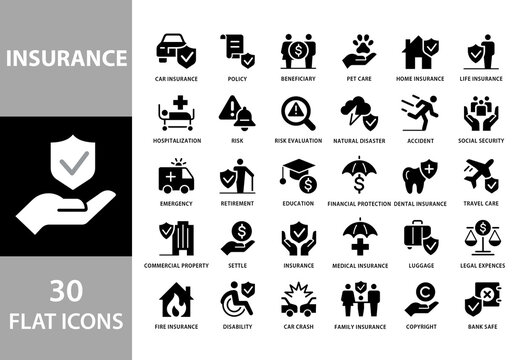 Insurance Black and White Flat Icons Set