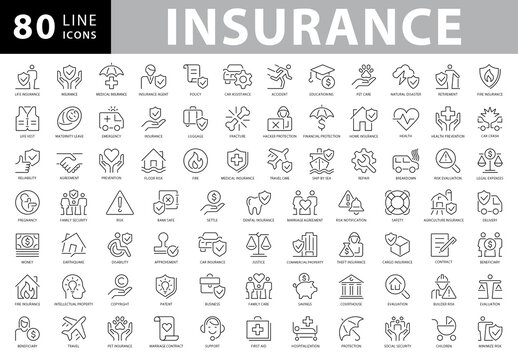Insurance Black and White Outline Style Icons Set