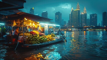 Floating Banana Vendor Stall on Chao Phraya River at Twilight in Bangkok - obrazy, fototapety, plakaty