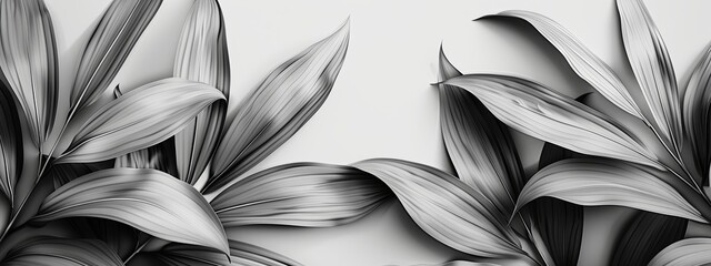 A graphic design of tropical leaves in shades of gray.