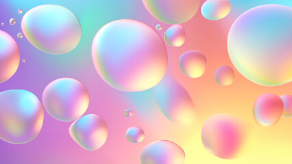 Holographic fluorescent shapes. Metallic liquid drops. Gradient banner abstract background