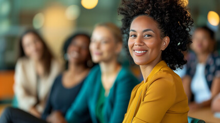 Fototapeta premium Group of diverse female professionals sitting together and smiling, promoting workplace inclusivity and empowerment