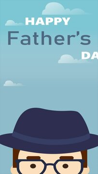 Cartoon face of male head of the family with mustache, glasses and hat. Vertical animated animated Father's Day card