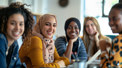 Fototapeta premium Group of diverse female professionals sitting together and smiling, promoting workplace inclusivity and empowerment