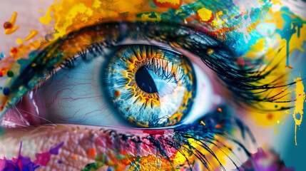 Close-up of a human eye with vibrant bursts of multi-colored paint and ink splatters added for dramatic effect
