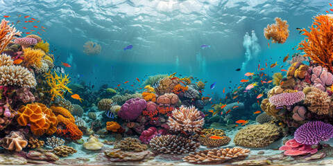Vibrant Coral Reef with Diverse Marine Life and Sunlight Filtering Through Crystal Clear Ocean Waters