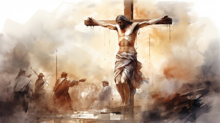 Sacrifice on cross, and ultimate triumph of faith through resurrection in a stunning portrayal of crucifixion narrative. Using watercolor as an expression, artist depicted passion of Jesus Christ. - obrazy, fototapety, plakaty