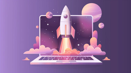 Conceptual illustration of a rocket launching into space from a laptop screen, symbolizing startup growth and technology