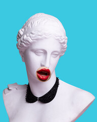 Antique statue bust with female red lips photo element in blue background. Fashion. Modern design. Contemporary colorful art collage. Concept of creative vision, emotions.