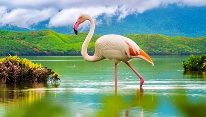 Flamingo Stand in The Water With Beautiful background Nature , generated by AI