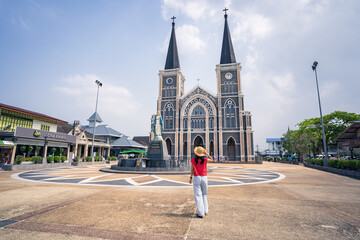 Chanthaburi, Thailand-February 10, 2024 : Tourists at Cathedral of the Immaculate Conception,...