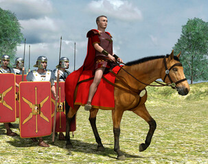 Julius Caesar on horseback leading his soldiers - obrazy, fototapety, plakaty
