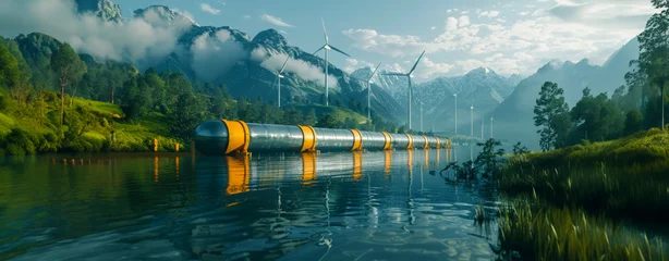 Foto op Plexiglas Series of yellow modular units on water with windmills © Volodymyr