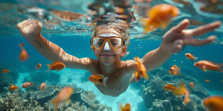 Happy family - kid in snorkeling mask dive underwater with tropical fishes in coral reef sea pool. Show by hands divers sign OK. Travel lifestyle, beach adventure on summer holiday with child.