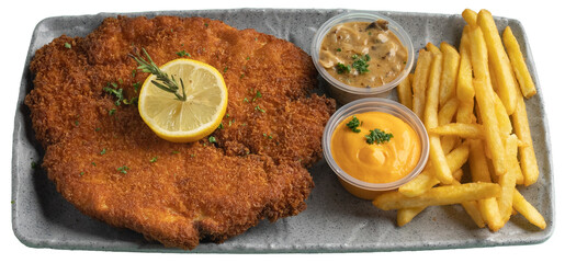 Crispy crumbed flattened Chicken breast served with French fries, mushrooms and cheese sauce