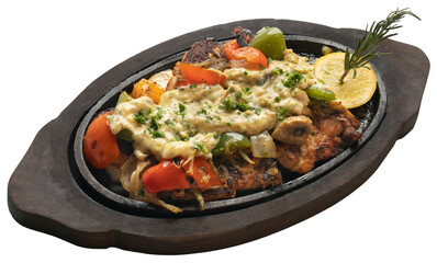 Chicken sizzler with Honey glazed chicken, mixed veg, cream cheese, cheese and mushroom sauce