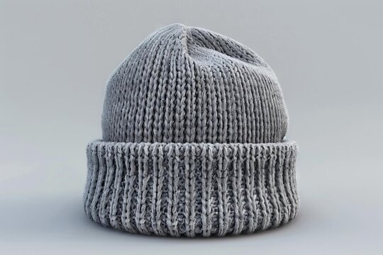 blank winter gray knitted wool beanie hat cap mockup free space for design 3d rendering