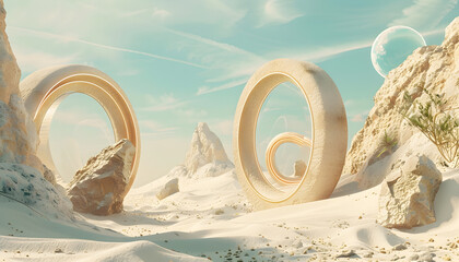 Surreal dessert landscape with geometrical shapes. Modern minimal abstract background