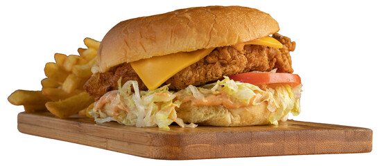 Classic Crispy chicken burger served with lettuce tomato cheese and  sauce