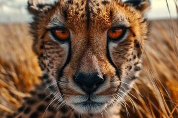 Close-up portrait of a cheetah with orange eyes in Africa