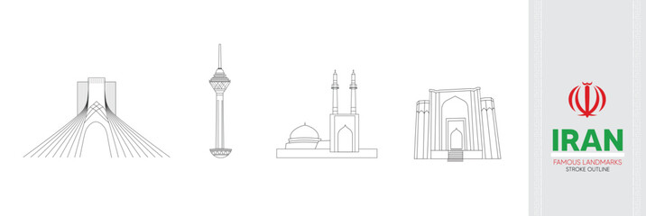set of Iran famous landmarks editable stroke outline vector illustration 