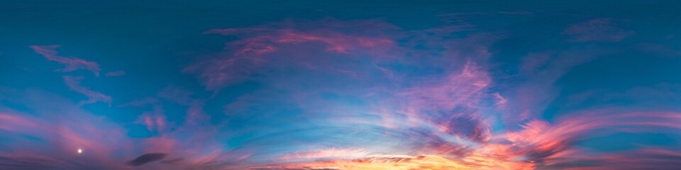 Sunset sky with bright glowing pink Cirrus clouds. Seamless spherical HDR 360 panorama. Full zenith or sky dome in 3D, sky replacement for aerial drone panoramas. Climate and weather change. - obrazy, fototapety, plakaty