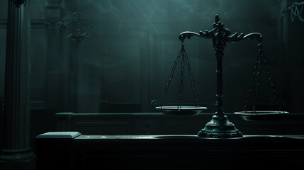 Dramatic photo of the scales of justice on a desk in a dimly lit, deserted courtroom