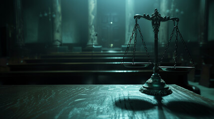 Dramatic photo of the scales of justice on a desk in a dimly lit, deserted courtroom