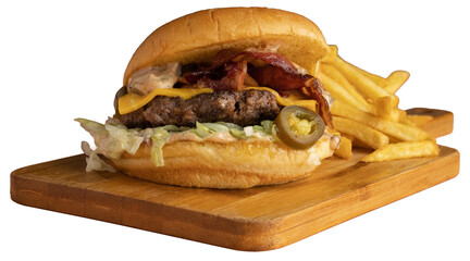 Pure beef patty Burger served with cheese, bacon, jalapenos and sauce