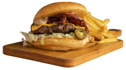 Pure beef patty Burger served with cheese, bacon, jalapenos and sauce