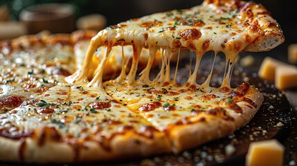 A flying slice of four cheeses pizza with stretching cheese on a black background. - obrazy, fototapety, plakaty