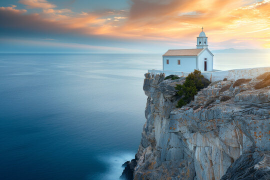 Perched atop a rugged cliff overlooking the endless ocean, a quaint small church stands as a serene sanctuary. 