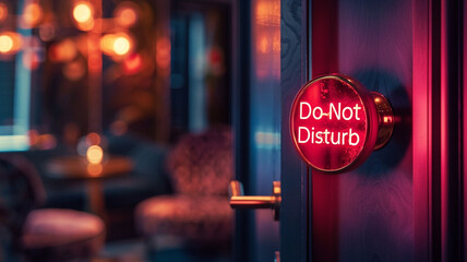 Close-up of a neon "Do Not Disturb" sign hanging on the doorknob of a chic hotel room.