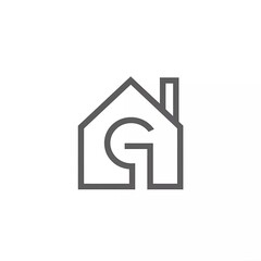 Gray house logo design. Scandinavian real estate symbol. line art house vector. G letter construction logo