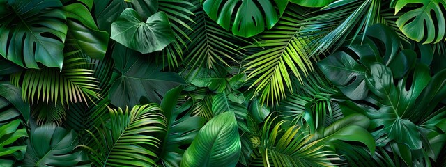A dense arrangement of tropical leaves with vibrant green tones.