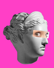 Antique statue bust with female eye photo element on pink background. Interested look. Modern design. Contemporary colorful art collage. Concept of creative vision, emotions.