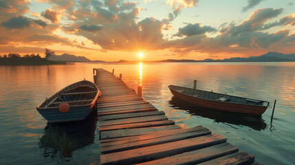 Dreamy sunset over a calm lake with wooden pier and moored rowboats, reflecting the vibrant sky