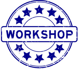 Grunge blue workshop word with star icon round rubber seal stamp on white background