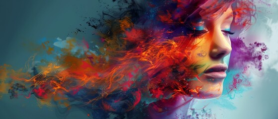Woman in Abstract Art, Colorful Digital Painting with Vibrant Surreal