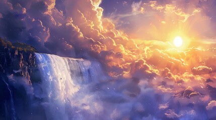 divine creation majestic waterfall and sun in the sky landscape inspired by genesis 11 christian illustration - obrazy, fototapety, plakaty