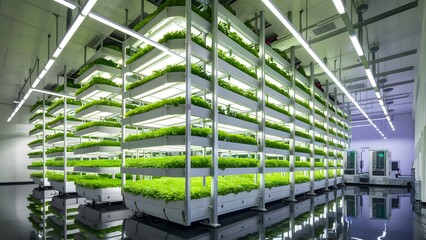 an advanced indoor vertical farming setup. Multiple racks are stacked vertically, with each level teeming with vibrant green plants. - obrazy, fototapety, plakaty