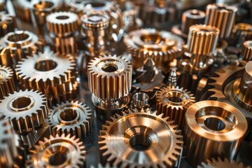 complex mechanical gears and cogs in metallic bronze tones engineering concept