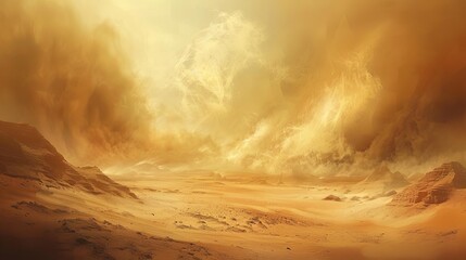 dramatic sand storm engulfing a vast desert landscape creating an otherworldly atmosphere digital painting
