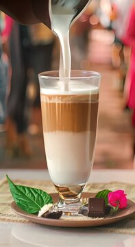 milk is pouring in a glass with coffee. A tasty italian caffe latte in the making. Slow motion vertical video that shows how a coffee is made in an italian restaurant.