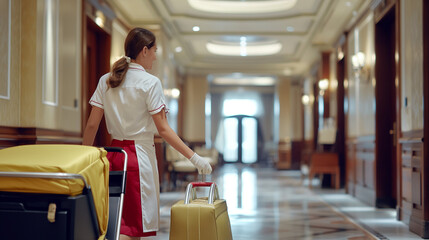 Happy woman working as cleaning lady in hotel and looking at camera