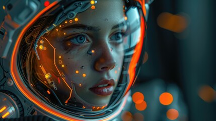 Post-apocalypse futuristic poster on a clean dark background robot girl face cyborg transformer in orange space suit with artificial intelligence future of humanity world order soldier cyberpunk 2077 - obrazy, fototapety, plakaty
